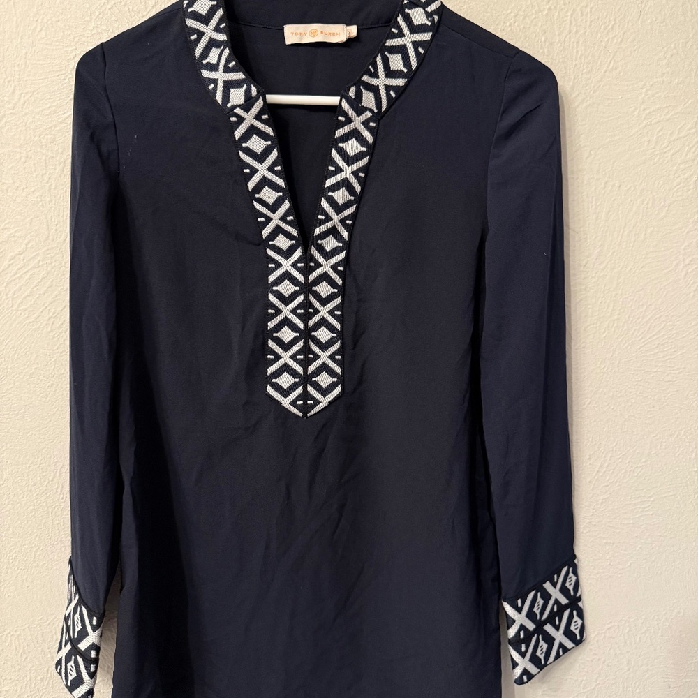 Tory Burch size 0 Tunic Navy Blue Zip Cuff Embroidered Preppy Nautical